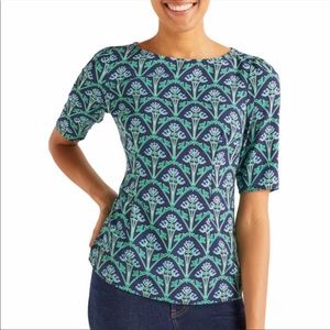 🎁 Boden Annie Navy Green Poppyseed Boat Neck Top